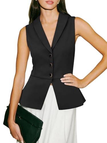 Tankaneo Womens V Neck Suit Vest Lapel Collar Button Down Sleeveless Blazer Slim Fit Work Casual Split Hem Waistcoat
