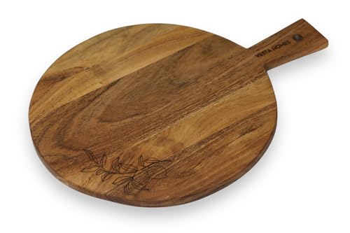 Image of Vesta Homes Wooden Round Chopping Board /Cutting Board /Serving Board, Plate for Pizza, Vegetables, Fruits and Cheese | Natural Acacia Wood | 44 x 33 x 1.5 cm | Handcrafted | Made in India