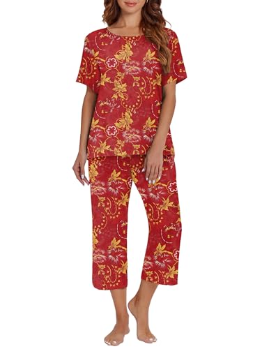 Image of Ekouaer Women's Two Piece Lounge Set Short Sleeve Shirt and Capri Pants Mumu Pajama with Pockets Loungewear Pjs Sets S-2XL