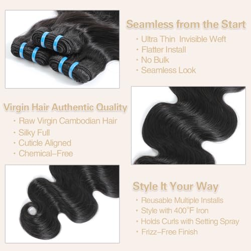 15A Cambodian Body Wave Bundles, 3 Bundles 16 18 18 Inch, Ultra Thin Double Drawn Sew In Weft, Unprocessed Raw Virgin Real Human Hair Extensions, Cuticle Aligned, Triple Lifespan, Reusable