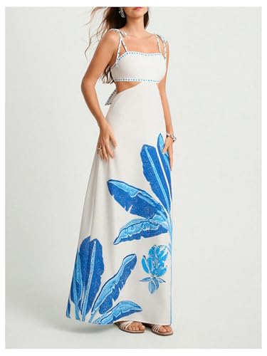 Image of SOLY HUX Women's Summer Maxi Dress Boho Print Tie Shoulder Spaghetti Strap Cut Out Tie Back Cami Dresses Sundress