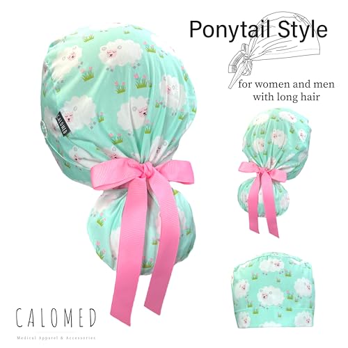 Image of Scrub Cap for Women and Men, Ponytail Scrub Caps, Working Hat, Head Cover with Ribbon Ties and Buttons, Long Hair