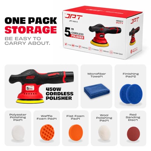 Image of JPT Heavy Duty Cordless 12V Car Polishing Machine | 5 Inch Pad | 5500 RPM | 8 Variable Speed | 7 Pads |Battery Indicator Lights | 2X Battery | Fast Charger