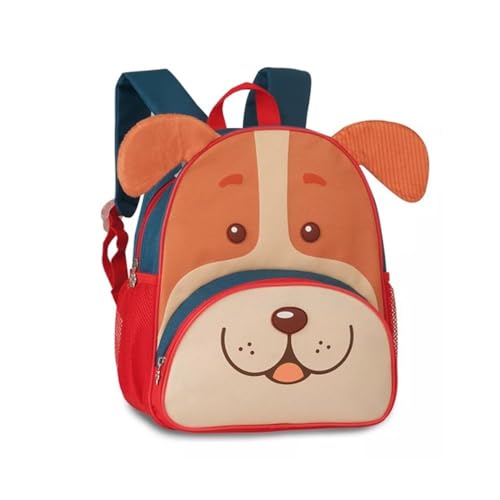 Mochila Infantil em Forma de Cachorro, Alças Traseiras e de Mão, Bolsos Frontais e Laterais, Material Resistente, Vermelho e Bege, Creche, Passeio, Escolinha