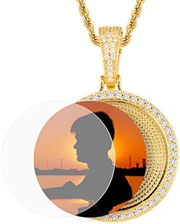 YIMERAIRE Photo Necklace Custom Photo Iced Out Round Angel Wings Pendant Necklace Rope Chain Necklace for Women with Pendant Hip Hop Gold Pendant Chain for Men