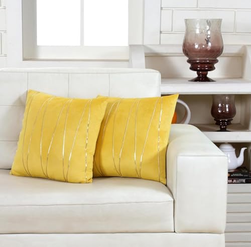 Image of Amazon Brand - Umi Gold Leather Striped Pack of 2 Throw Pillow Covers Velvet Decorative Cushion Covers Cases for Sofa Bedroom Livingroom Car 22 x 22 in Yellow Color