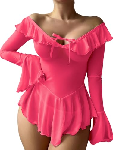 Image of OYOANGLE Women's 2 Piece Off Shoulder Long Sleeve Ruffle Mesh Sheer Nightgowns with Thongs Babydoll Lingerie Set