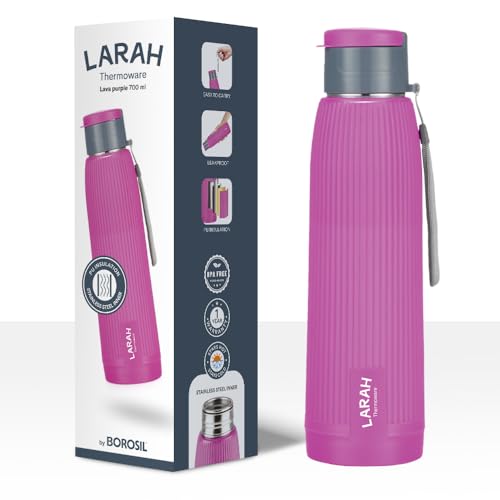 Image of Larah by Borosil 700 ml Lava Purple Stainless Steel Water Bottle | Made in India Pu Insulated Thermoware | Leakproof, BPA Free| Bottle for Office, School, College & Gym, Daily Use | 1 Year Warranty