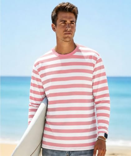 Image of KESIHAN Mens Striped Long Sleeve Shirt Crewneck Casual Basic Stripe Tee | Crewneck long sleeve striped tee with cotton spandex fabric,casual regular fit basic style for daily wear and layering.