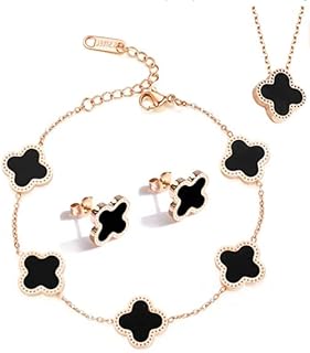 Four Leaf Clover Jewelry,3PcsTitanium Steel Necklace Earrings Bracelet Dainty Enamel Jewelry,Enamel Large Flower Gold Plated Station Chain Wrap Layer Clover Necklace,Women Necklace Bracelet Earrings