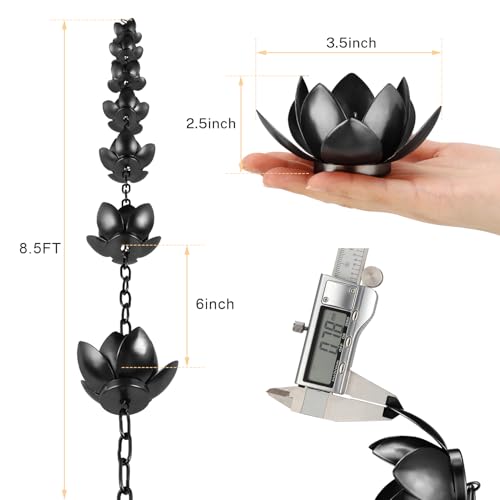 Image of Oak Leaf Rain Chain with Adapter, 8.5ft Adjustable Lotus Rain Catcher Chain for Gutters Outside Downspout, for Divert Water and Home Display, Black Powder Coated