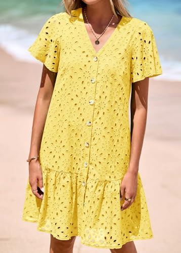 Image of KIRUNDO Eyelet Dresses for Women Button Down Mini Babydoll
