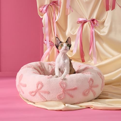 Image of LE SURE Shown on TV Donut Cat Beds for Indoor Cats - Round Small Dog Bed Calming Bed Gift for Pets, Home Decor Cute Modern Beds with Jacquard Shaggy Plush & Anti Slip Bottom, 20 Inch, Pink Taffy