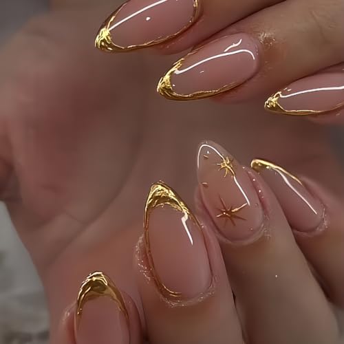 24Pcs Press on Nails Short Almond Fake Nails Gold Star Nails with Gold Frames Design Glossy Full Cover Glue on Nail DIY Acrylic Stick on Nail for Women Manicure Decoration Kit