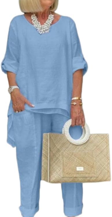 ZOCANIA Cotton Linen Two Piece Suit Set for Women 2023 Fall Plus Size Loose Long Sleeve Crewneck Dress Suit with Pockets