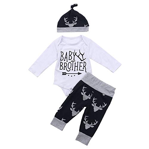 Newborn Baby Boy Deer Print Pants Set Long Sleeve Letters Romper Bodysuit Long Pants Hat 3PCs Funny Outfit Set (Baby Brother, 3-6M)