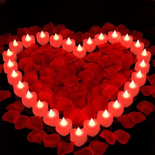 Taotripos 1200 Pcs Artificial Red Rose Petals for Romantic Night for Him Her Set with 28 Pcs RED Flameless LED Tea Light Candles for Romantic Night and Valentine's Day Anniversary Wedding Decoration