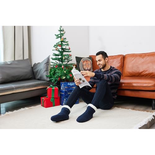 LEMZONE Men's Fluffy Slipper Socks Non Slip Winter Warm Cozy Fleece Lining Cabin Socks with Grips2