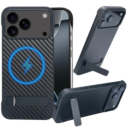 condgood for iPhone 17 Pro Max Case Compatible with MagSafe, Built-in 3 Ways Kickstand & Strong Magnetic, Frameless Carbon Fiber Bump Texture, Minimalist Borderless Case for iPhone 17 Pro Max (Black) by condgood - Used condition - US$14.98