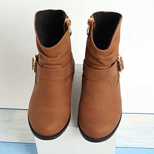 Kids Girls Winter Hiking Boots Side Zip Western Boots Kids Ankle Boots Girls Outdoor Low Heel Riding Booties (Brown, 9.5-10 Years)4