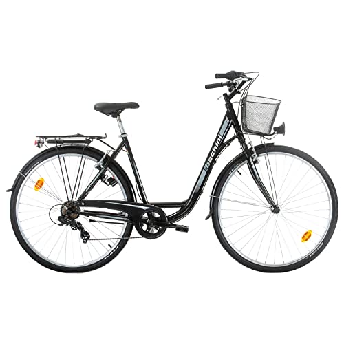 Multibrand Distribution Probike 28 Pulgadas Bicicleta de Ciudad 7 Velocidades, Cesta, Iluminación de Bicicleta, Mujeres, Hombres adecuados de 170-185 cm (Negro Gris)