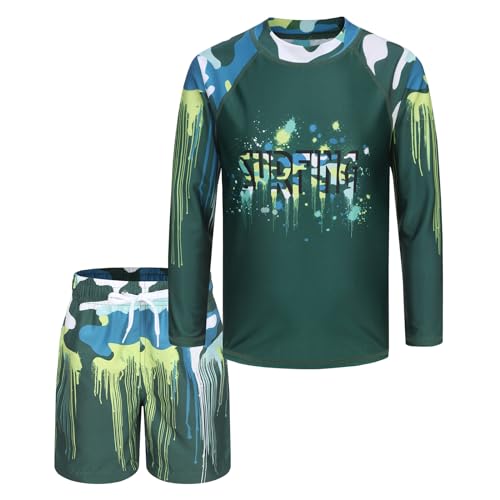 Image of Boys Two Piece Rash Guard Swimsuits Set with Swim Trunk Kids Long Sleeve Bathing Suit Swimwear Set
