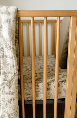 Image of Oilo Crib Sheet, Breathable, Fitted, Organic Cotton Jersey, 300-Thread, Machine Wash, Fits Standard Crib (28 inch x 52 inch x 6 inch), Toddler Bedding, Heirloom Organic Collection, Vintage Safari