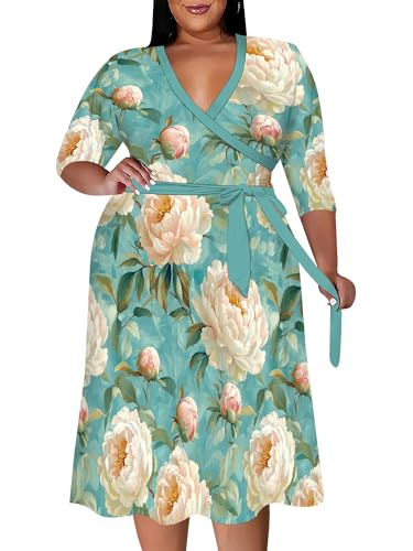 Image of PinkPatty Women's Plus Size Maxi Dress Print 3 /4 Sleeves V Neck Party Sundress Wedding Guest Dresses