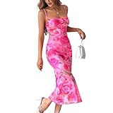 LIGHT DOT Women's Maxi Mesh Dress Spaghetti Strap Bodycon Floral Ruched Cami Long (Fuchsia,S)