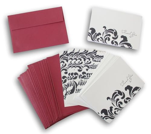 Image of Show-Offs Thank You Notes - Black and Cream with Elegant Red Envelopes - 5 x 3.5 Inches - 20 Cards