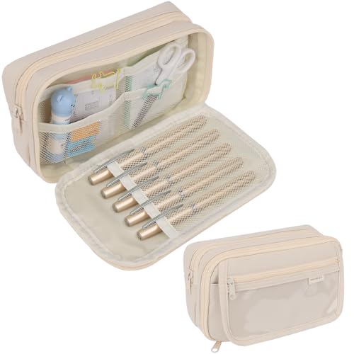 OWill Estuche Escolar con 4 Compartimentos,Estuche Multiusos Grande,Cartucheras Escolares,Estuches Escolares para niños, niñas y Adultos,Oficina(Beige)