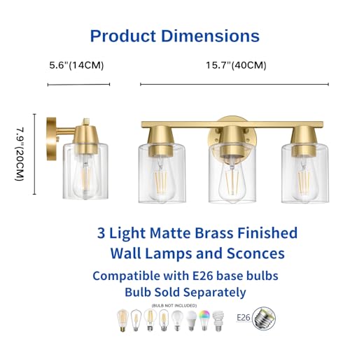 Image of Modern Wall Sconces Lighting with Brass Finished Clear Glass Shade, Matte Gold 3 Vanity Light Over Mirror, Industrial Bathroom Light Fixtures for Living Room Hallway Kitchen Porch E26 Base