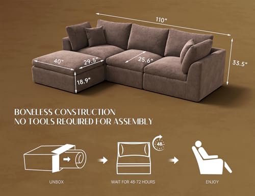 110" Cloud Sectional Couches for Living Room, Boneless L-Shape Couch with Ottoman, 3 Seater Modular Sectional Sofa, Brown