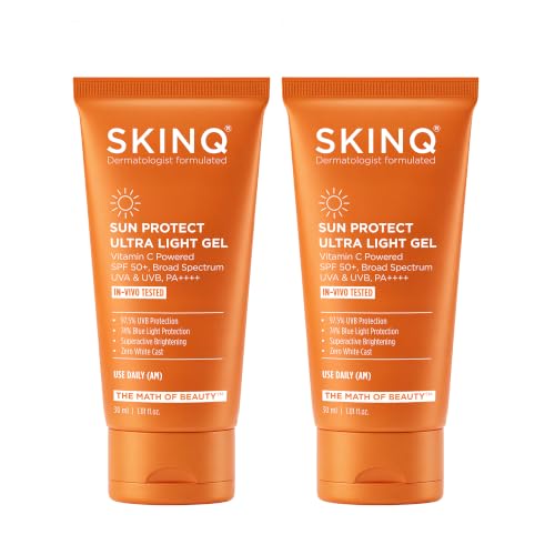 Image of SKINQ SPF 50+ Detan Sunscreen Gel | Tan Reduction, No White Cast | 97.5% UVB Protection | With Vitamin C | Lightweight, Non-Greasy | Normal, Dry & Sensitive Skin | Made by Dermat | 30ml(Pack of 2)