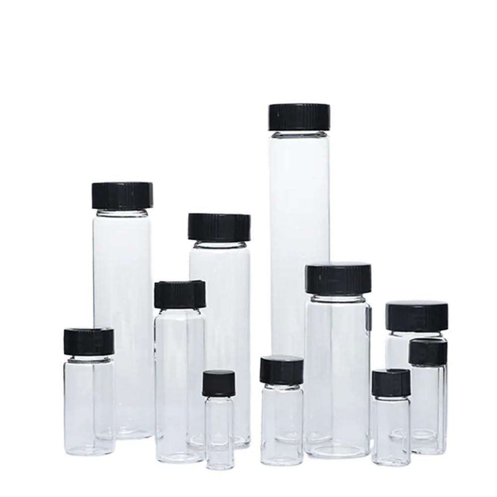 Yinxi Botellas de Muestra de Vidrio Transparente de 3 ml a 60 ml con tapón de Rosca de plástico Negro, Botella de Aceite Esencial para Uso en Laboratorio (Size : 50ml 50pcs)