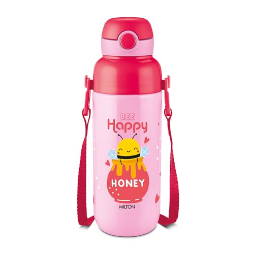 Image of Milton Steel Indus 600 Thermoware PU Insulated, 500 ml Water Bottle with Straw for Kids, Leak Proof Flip Top Sipper Lid Bottle, School, Picnic, Easy to Carry Belt, Pink