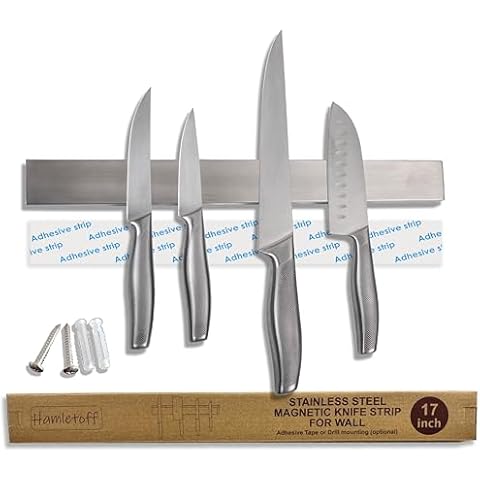 Hamletoff Premium Magnetic Knife Strip for Wall no Drilling – 17 Inch Stainless Steel Magnetic Knife Holder with Strong Adhesive Tipe - Kitchen Magnet Knife Bar with Screws (Upgraded Version) Cover