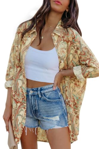 Image of FSHAOES Womens Oversized Button Down Shirts Casual Loose Long Sleeve Solid Lapel Long Blouses Tops with Pockets