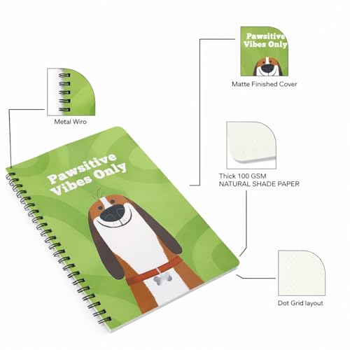 Image of PAPBOO A5 Handy, Pawsitivity, Easy to Carry Spiral Wiro Notebook : 100 GSM Natural Shade Paper, Dot Grid, 120 Pages, Journal, Diary, Gift