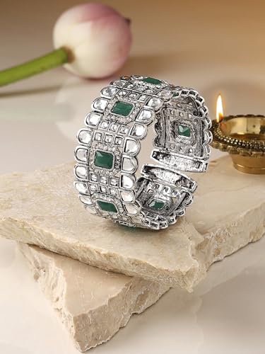 Image of ZAVERI PEARLS Green Kundan & Stones Traditional Oxidised Bracelet For Women-ZPFK16625