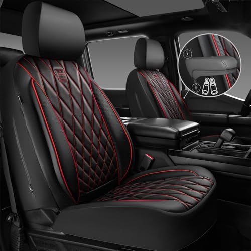 Image of CAR PASS Piping Luxury PU Leather Two Front Car Seat Covers, Waterproof Anti Slip Seat Covers Compatible with Front Seat Armrests,Universal Fit for Suvs,Vans,Trucks,Airbag Compatible(Black and Red)