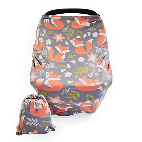 Image of Baby Car Seat and Nursing Cover Up for Breastfeeding Moms | Multi-use 5-in-1, Breathable, Soft, Stretchy, Washable, Universal Fit | Cute Unisex Woodland Fox Pattern
