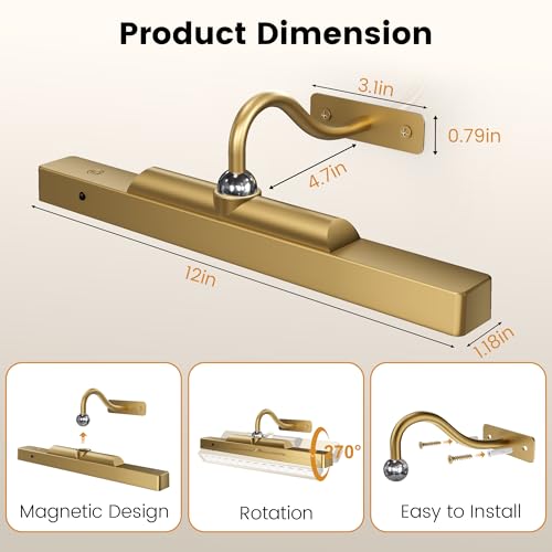Image of 4 Pack Art Light Set, 12 inch Wireless Battery Picture Lighting, Remote Control Timer 3 Color Temps for Bedroom,Hallway, Museum (Antique Gold)