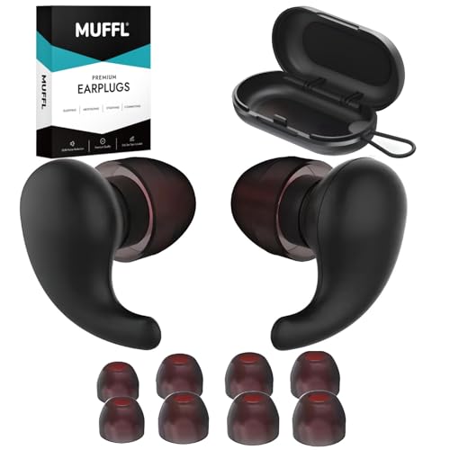 Muffl Silicone Ear Plugs for Sleeping, Premium Ear Plugs Sleep, Commuting, Meditating, Concert Earplugs, Noise Cancelling Earplugs Side Sleeping with Case Black and Extra Tips Secure Fit