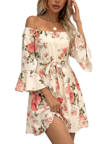 Image of Off Shoulder Ruffle Dress for Women, A-Line Mini Dress with Belt, Fitted Bust Summer Wedding Guest Dress