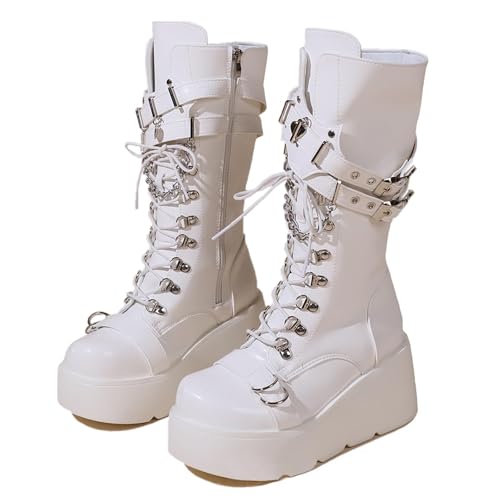 Womens Platform Mid Calf Boots Goth Punk Combat Wedges Chunky High Heel booties with Lace up Side Zip Winter Boots