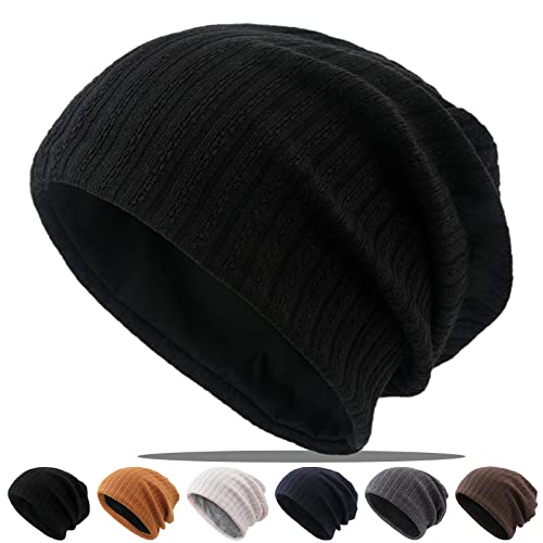 Rayson Rayé Beanie Bonnets pour Femmes Hommes d'hiver Chapeau Respirant Couleur Solide Bonnet Tricoté Doux et Chaud(Noir) Cover