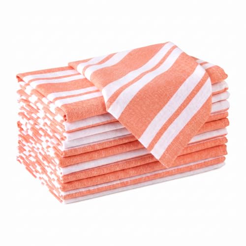 Image of Encasa XO Dining Table Napkins Set of 12, 43x43 cm | Machine Washable Reusable, Recycled Cotton Cloth Napkin, Soft & Absorbent, Table Decor for Hotels, Farmhouse - White & Franca Orange Stripes