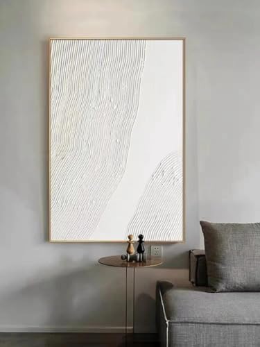 Tableau abstrait texturé blanc peint à la main, toile vagues minimalistes pour salon