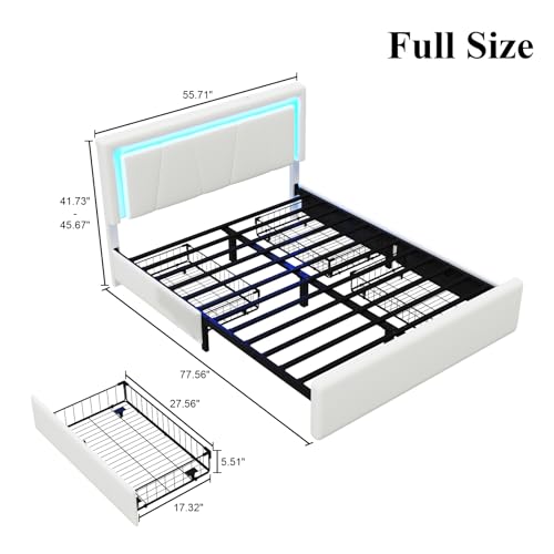 Image of Full Size Bed Frame with 4 Storage Drawers, Upholstered Headboard, White